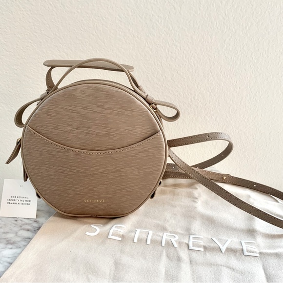 Senreve Handbags - Latte Taupe Brown Mimosa Genuine Leather Circa Round Crossbody Mini Backpack